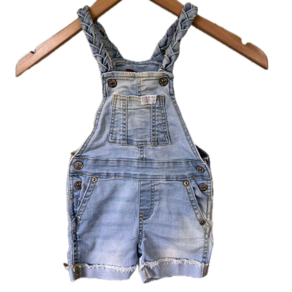 7 For All Mankind Girl's Light Wash Denim Shorts Braided Straps Overall 18M